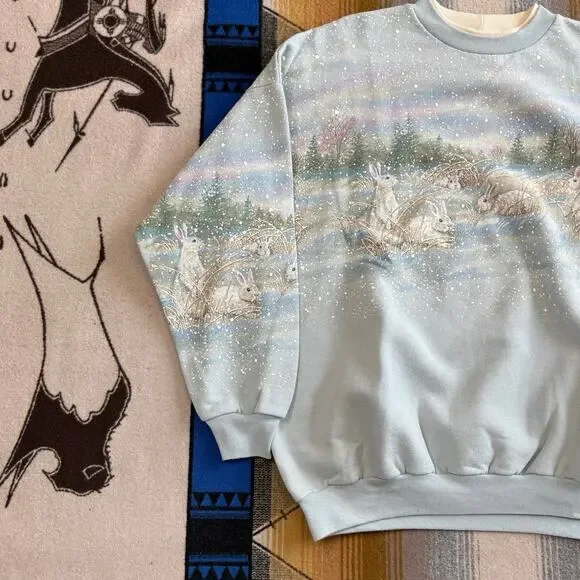 Vintage 90s Women’s Bunny Rabbit AOP Nature Outdoor Sweatshirt Size XL Animals - Picture 7 of 10